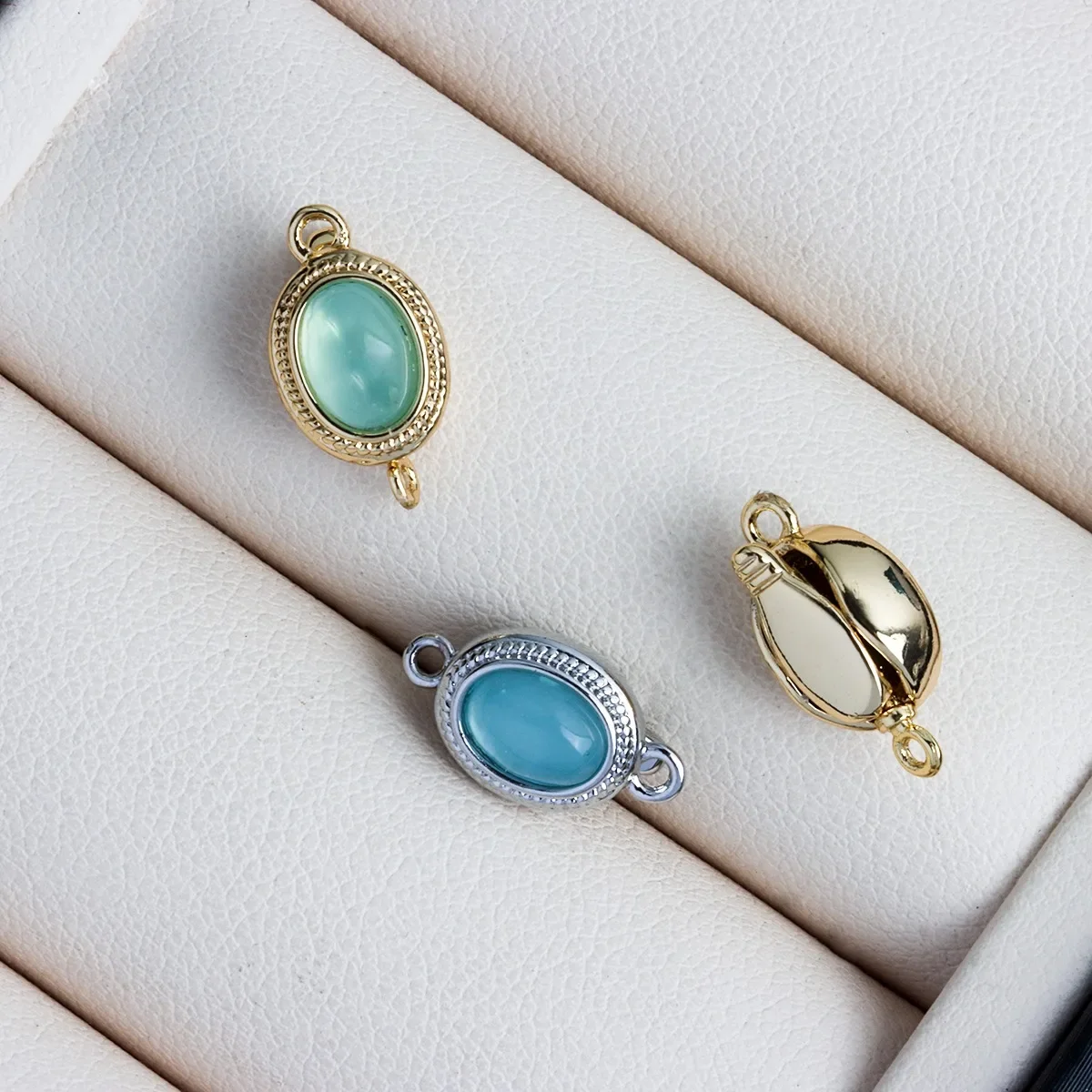 

High Color Retention 18K Real Gold Plated with Imitation Aquamarine Opal Oval Ingot Buckle Press Buckle DIY Jewelry Accessories