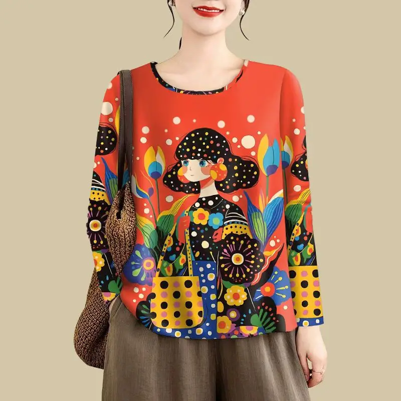 Artistic Graphic Long-Sleeve Top: Vibrant Retro Lady Print with Floral & Polka Dot Details for Boho Chic Style Sweet Women Loose