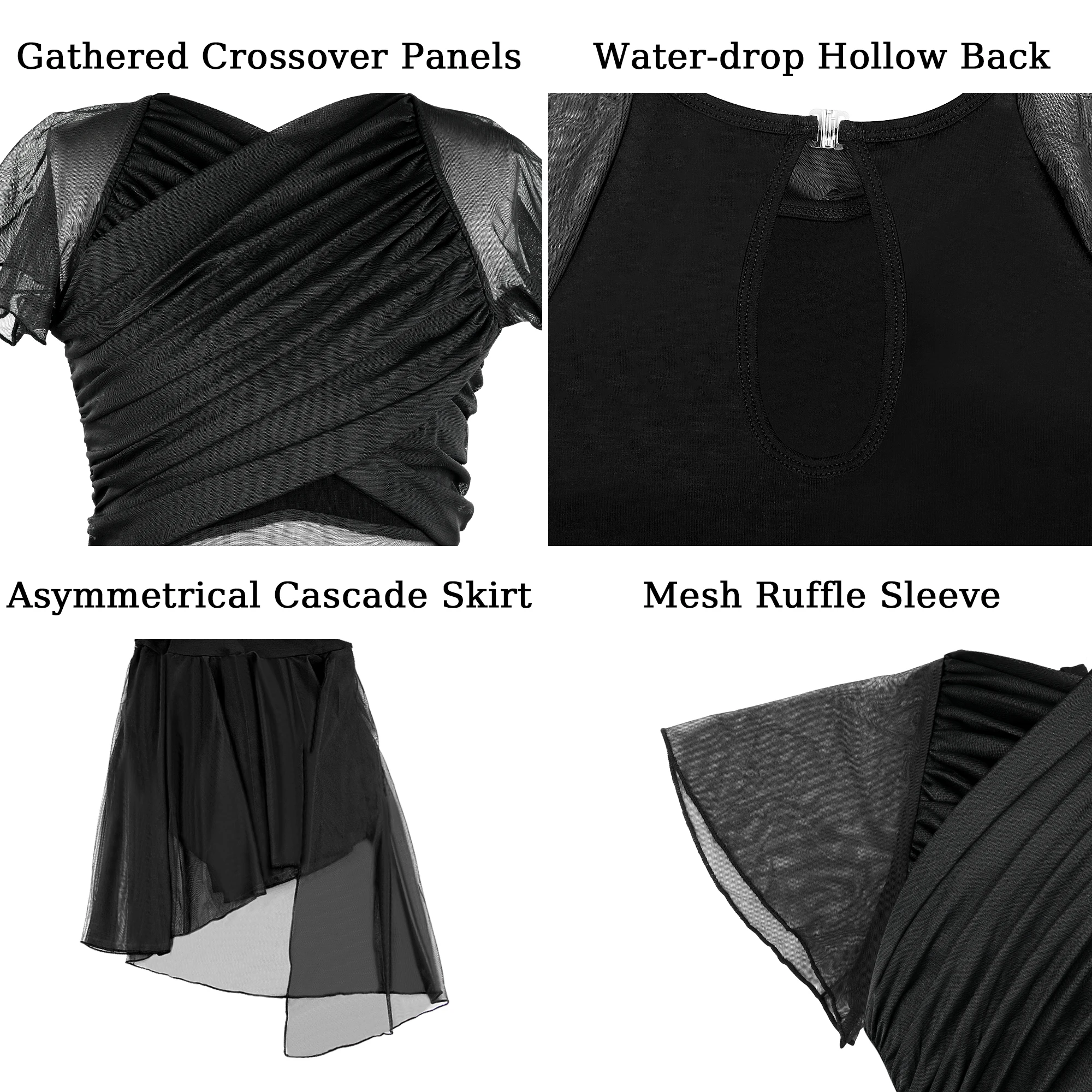 Women Dance Dress Flutter Sleeve Mesh Skirted Leotard Lyrical Costume, Water-drop Hollow Back