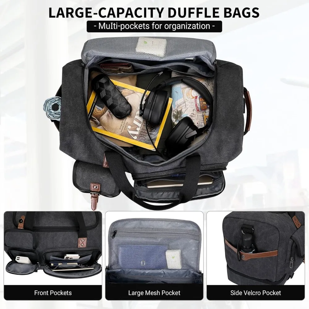 حقيبة قماشية لعطلة نهاية الأسبوع للرجال - حقيبة حمل للسفر بين عشية وضحاها مع حجرة للأحذية، باللون الأسود #3