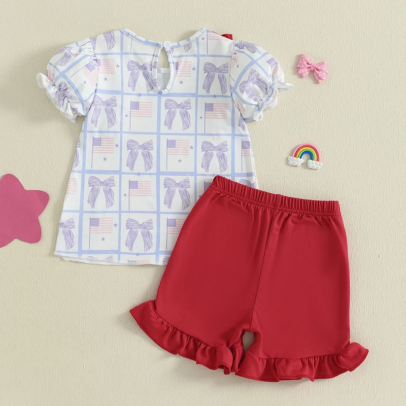 Cute Baby Girl Independence Day Outfit Top senza maniche con volant con stampa bandiera americana e pantaloncini di jeans Set da 2 pezzi per la festa estiva