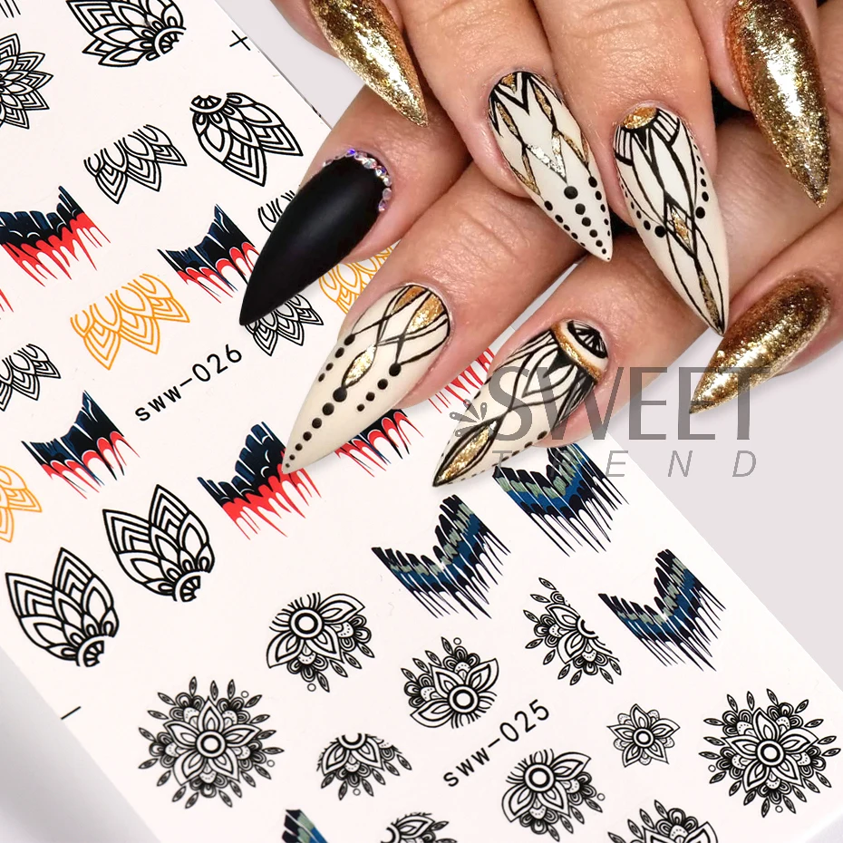 12 Designs Mandala Flowers Nail Water Sliders Black White Lace Line Design Tribal Totem Decals Charms Manicure Watermark Sticker