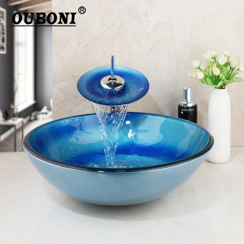 OUBONI Blue Tempered Glass Sink Hand-Paint Lavatory Deck Mount Basin Tap Bathroom Washbasin Sink Combine Set Mixer Faucet