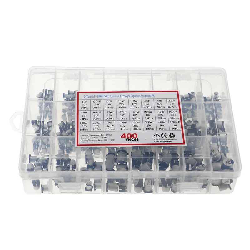 400pcs 24Values 1uF-1000uF Electrolytic Capacitor Assorted Kit 6.3V-50V SMD Aluminum Electrolytic Capacitor set