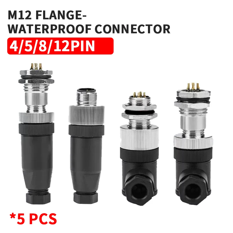 

5 PCS M12 flange mounting sensor connector waterproof male&female plug screw threaded coupling 3 4 5 8 12 Pin A type connectors