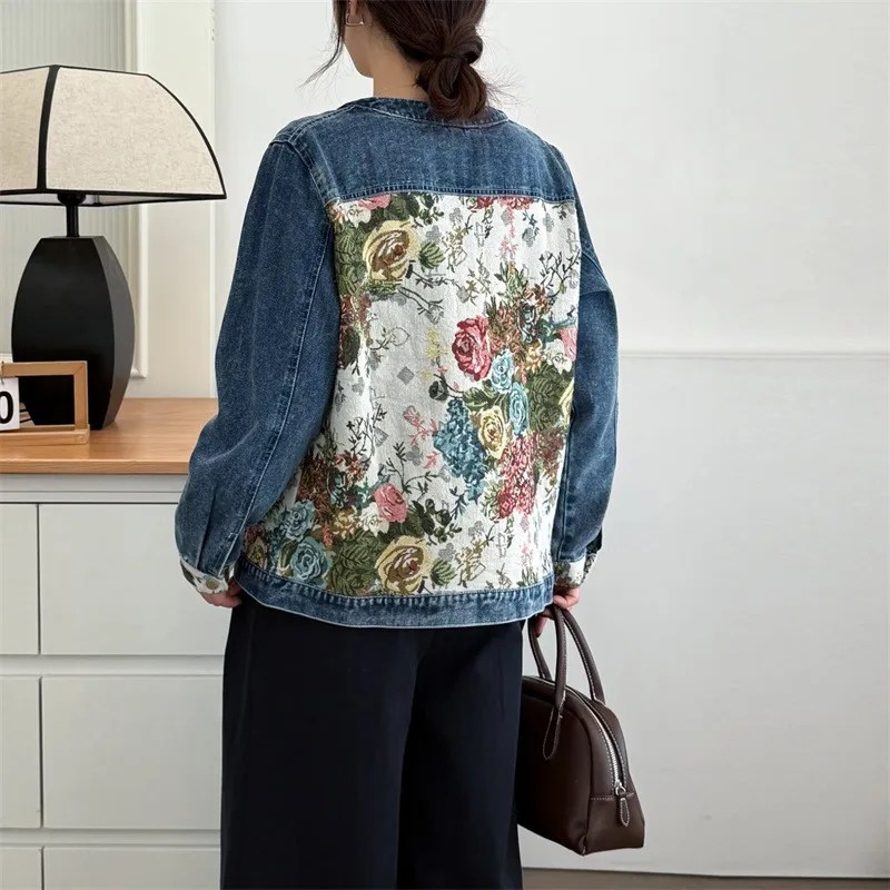 Women's Jacquard Splicing Denim Jacket American Spring Floral Patchwork Round Neck Jackets Casual Fashion Retro Female Coat