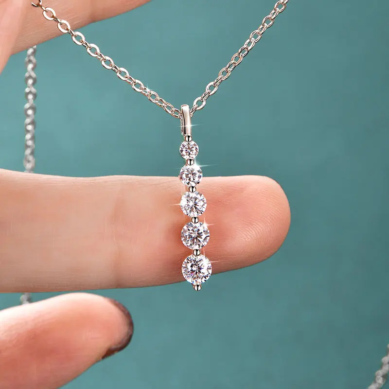 Modern 14k Gold Chain 5-Stone Moissanite Long Drop Pendant - Silver