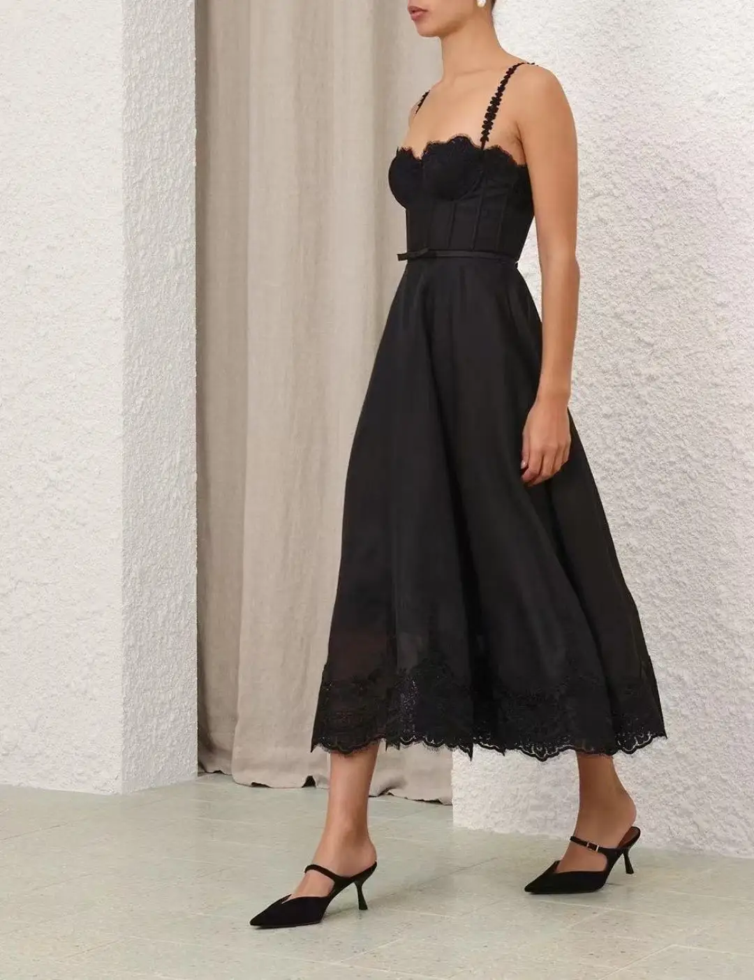 

Linen Silk Black Sleeveless Strapless Backless 2025 New High Quality Spaghetti Women Midi Dress