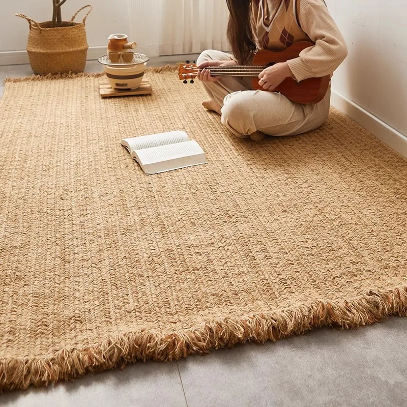 

Handwoven Square Jute Area Rug Bohemian Decor Mat for Living Room Sofa Bedside Eco-Friendly Natural Fiber Carpet with Fringe