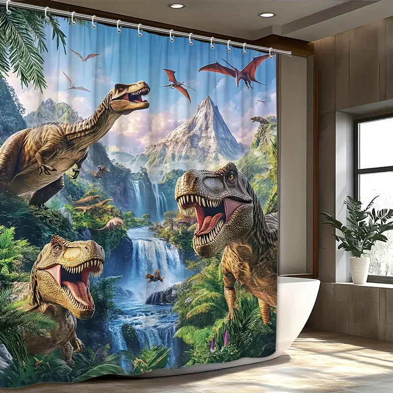 

Занавеска для душа с изображением динозавров и джунглей, дизайн с изображением доисторических животных, для приключенческого декора ванной комнаты, с крючками. Украсьте свое пространство.