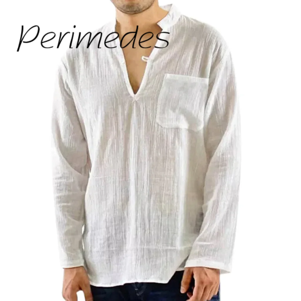 

Men'S Vintage Breathable 2024 Shirts Thin V-Neck Solid Loose Chest Pocket Summer Blouse Comfortable Fashion Ropa De Hombre