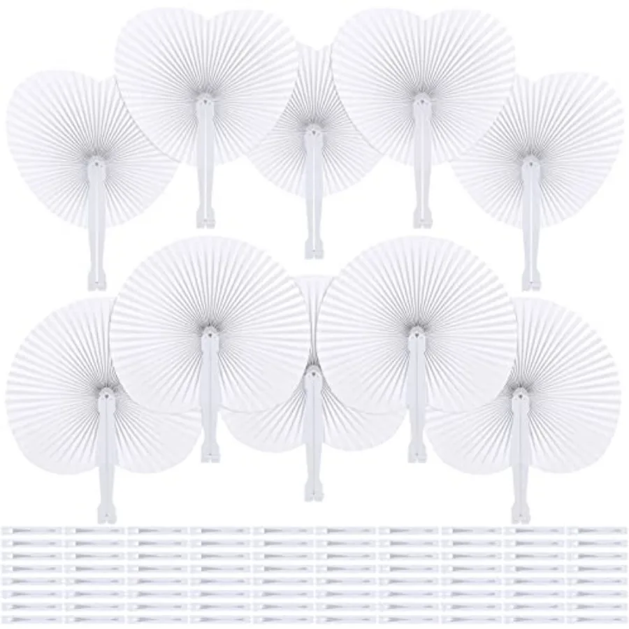 

Aodaer 100 Pack White Folding Fans Heart and Round Shaped Folding Fans Handheld Fans with Plastic Handles Decorative Fans for W