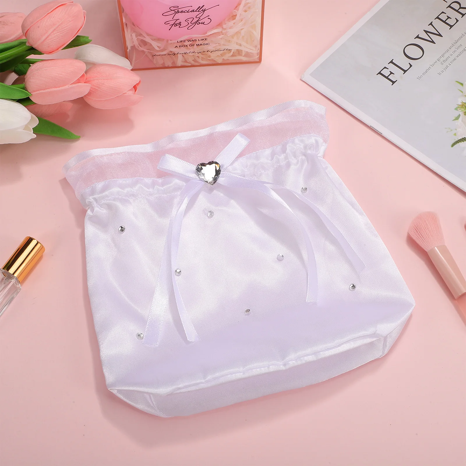 حقيبة يد الزفاف الساتان الأبيض زهرة اللؤلؤ الديكور القوس الشريط حجر الراين وصيفه الشرف هدية زهرة التبعي #4