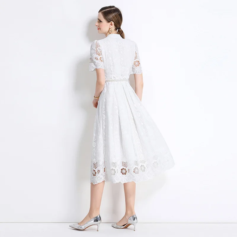 Dr di media lunghezza dimagrante con ricamo laser cavo Stampa lunga Sve Fibra di poliestere dr estiva lavorata a maglia da donna