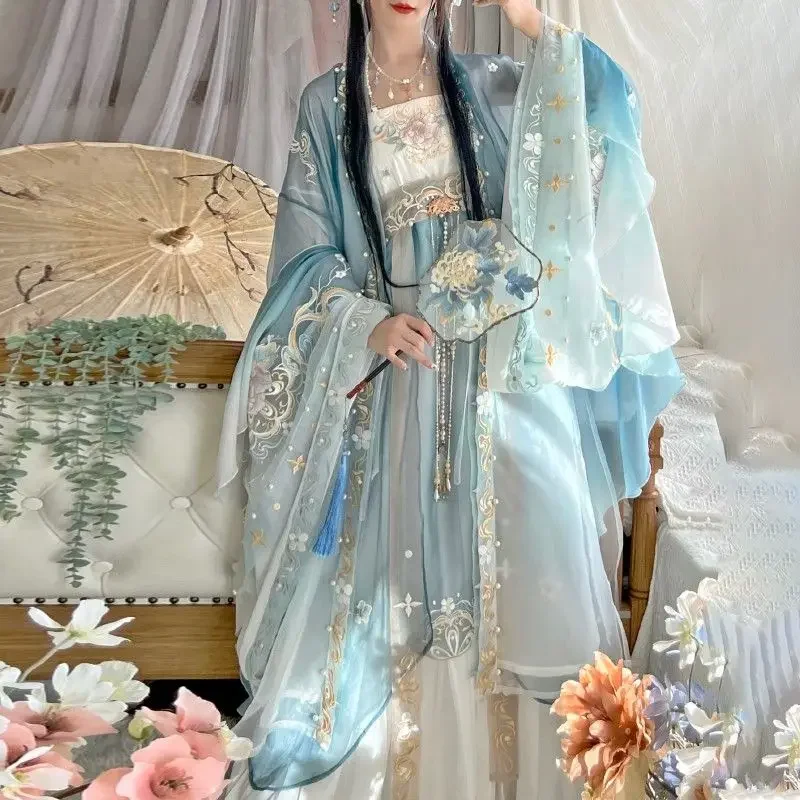 Chest-length Blue Hanfu Embroidery Hanfu Tang Dynasty Oriental Fairy Clothing Aesthetic Ancient Elements Women Skirt Sling