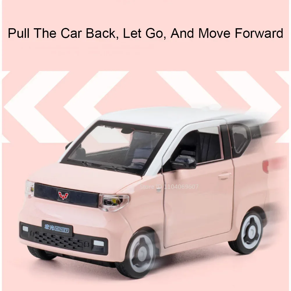 1:24 لعبة سيارة WuLing HongGuang نماذج EV صغيرة سبيكة دييكاست ضوء الصوت التراجع الباب الخلفي فتح الإطارات المطاطية حلية هدايا السيارة