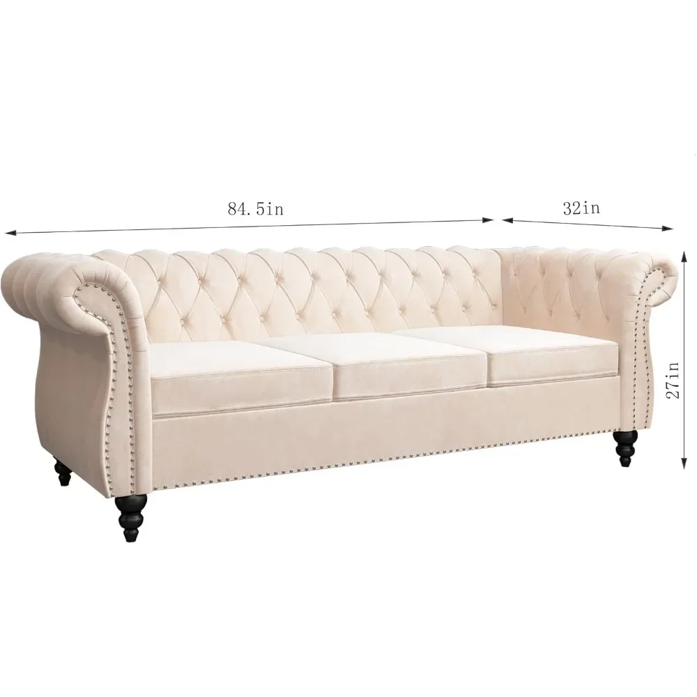 Sofa Bed Chesterfield Couch 3 Seater Modern Velvet Couch Upholstered Sofa With Tufted Back for Living Room Furniture (Beige)