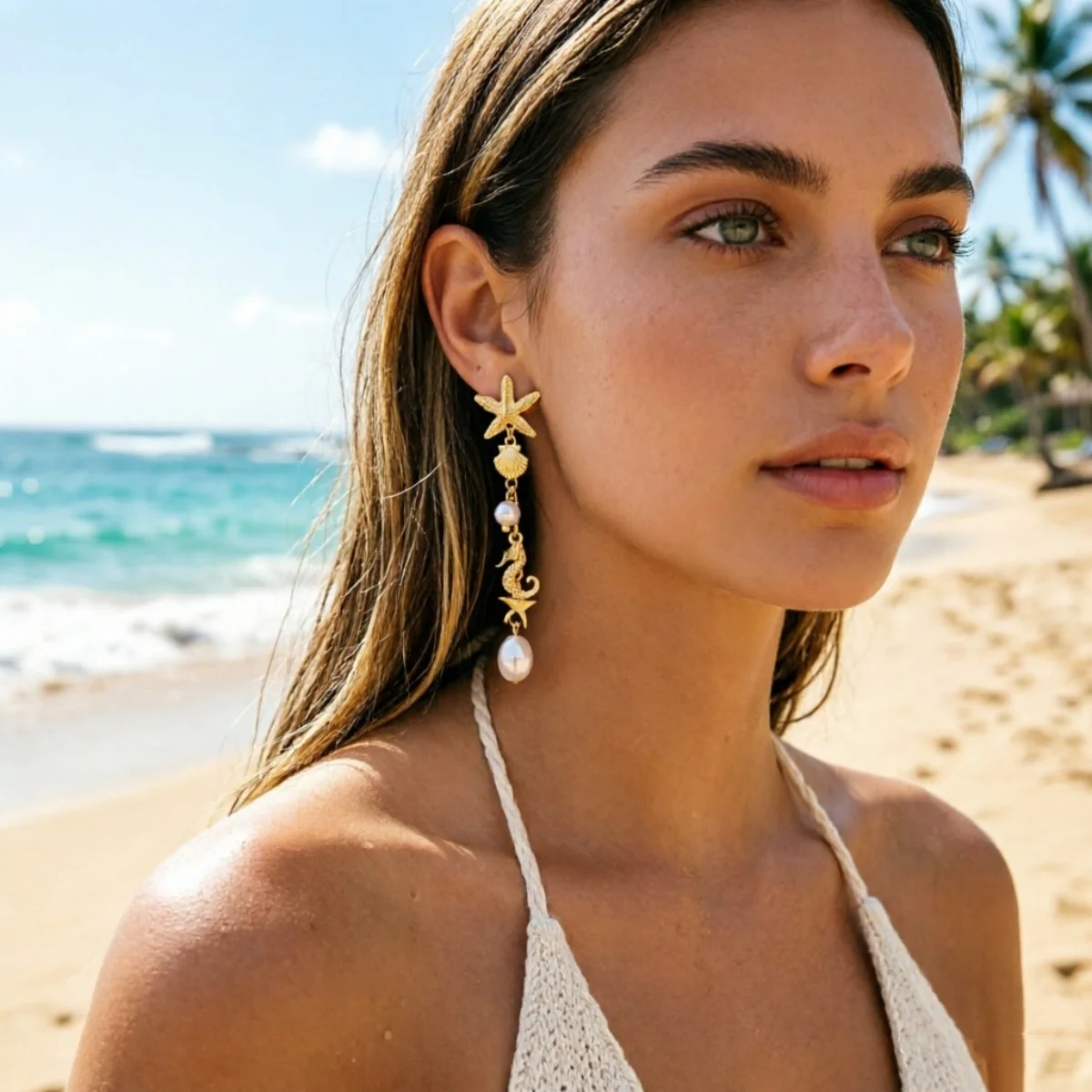 Ozean-Urlaub Seestern Muschel Seepferdchen Imitationsperlen Tropfenohrringe für Damen und Herren Böhmische Muschelohrringe Sommer Strand Schmuck – Detail 10