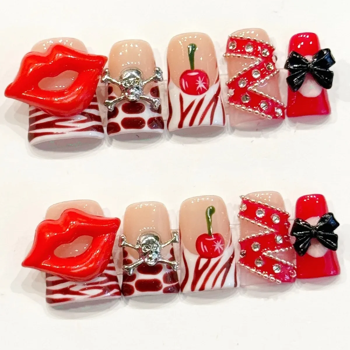 

10 PCS Luxury Handmade Press on Nails Short Duckbill type Cherry with red lips Design with 3-PIECE Tool Adhesive Nail Glue Tabs