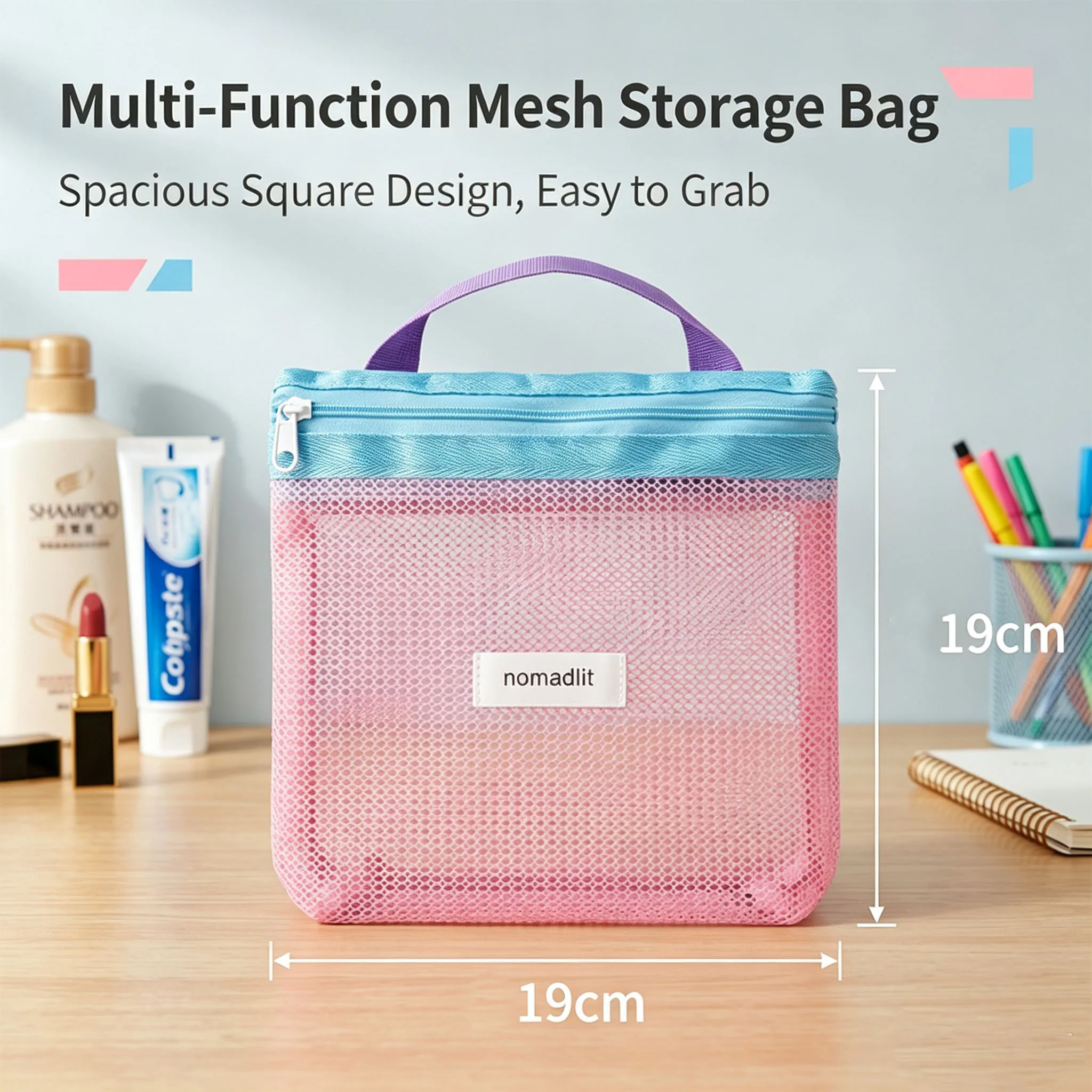 Mesh Storage Bag, Multi‑purpose Portable Zipper Makeup Pouch, Visible Grid Cosmetic Organizer, Travel Toiletry Handbag, School S