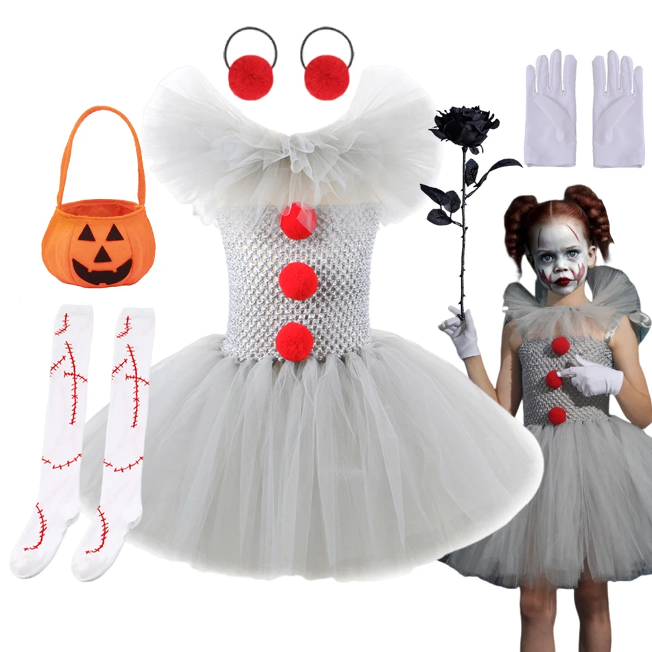 

2025 Girls Halloween Costume Tutu Dress Clown Gray Joker Kids Carnival Party Cosplay Costume Children Dress