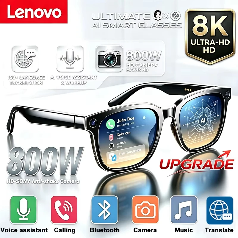 Lenovo AI Smart Shooting Glasses 800W HD Camera Wireless Bluetooth Calling Translation For Men Women Sunglasses With 3 Lenses