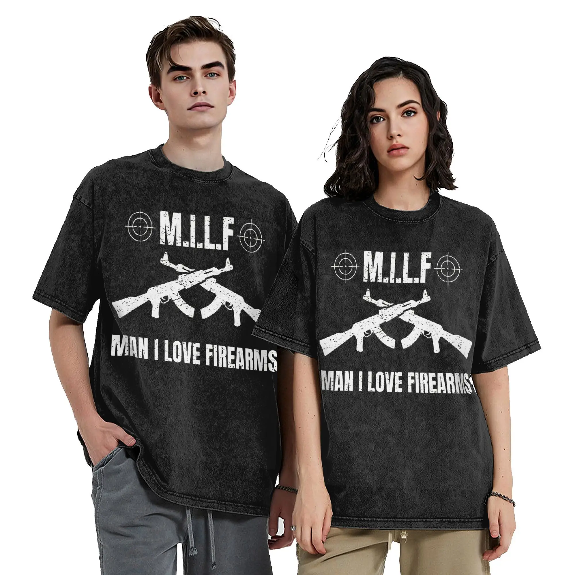 Aesthetic Gun Rights MILF Man I Love Firearms Vintage Washed T-Shirt Men Round Neck Short Sleeve Clothes  Cotton Summer Tops