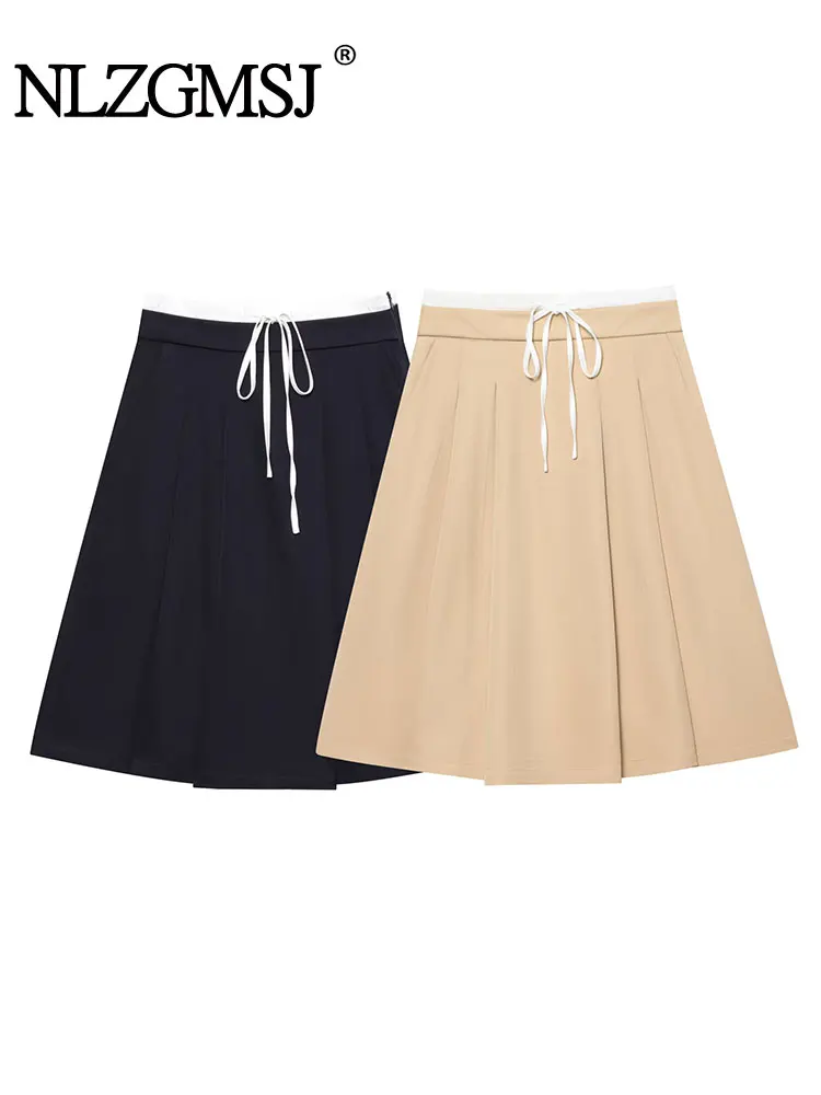 

NLZGMSJ Повседневная шикарная женская юбка с однотонными поясами на молнии, короткая тонкая плиссированная юбка, модная осенняя уличная одежда 202, юбка средней длины