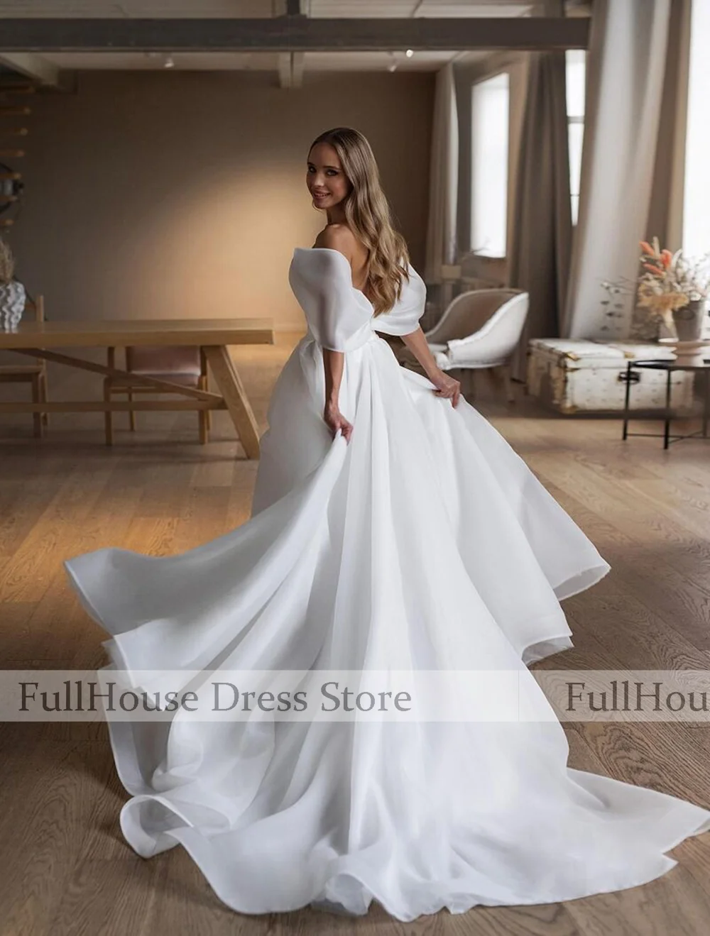 Vestido de novia sin espalda con abertura lateral plisado de Organza con hombros descubiertos hecho a medida vestido de fiesta nupcial hasta el suelo de cristal con corte