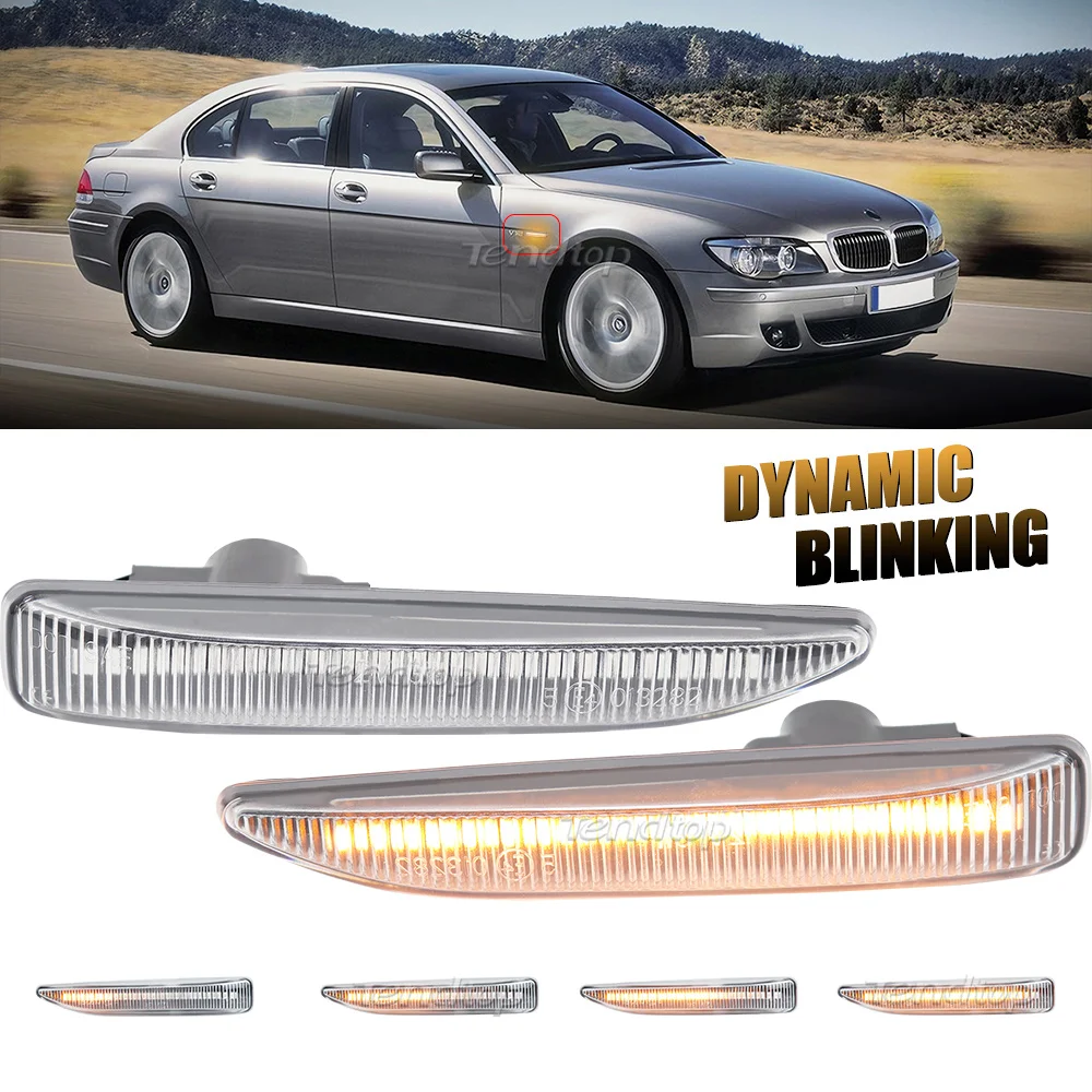 2PCS Dynamic Flowing LED Turn Signal  Front Side Marker Light Blinker Lamp For 2001-2008 BMW 7 Series E65 E66 E67 E68