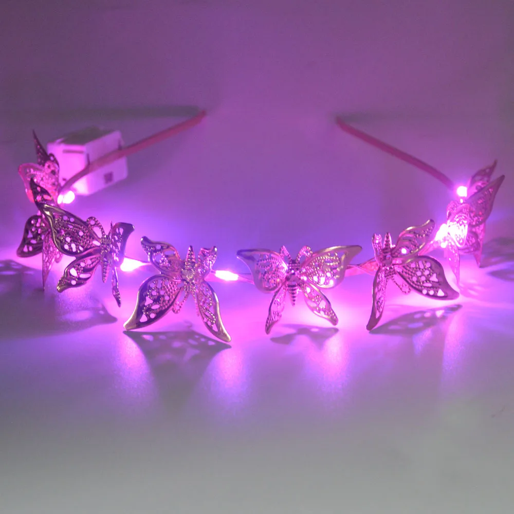 

LED Light Up Blinking Butterfly Headband Hollow Metal Hairband Alloy Tiara Hair Accessories for Women Girls Wedding Festival