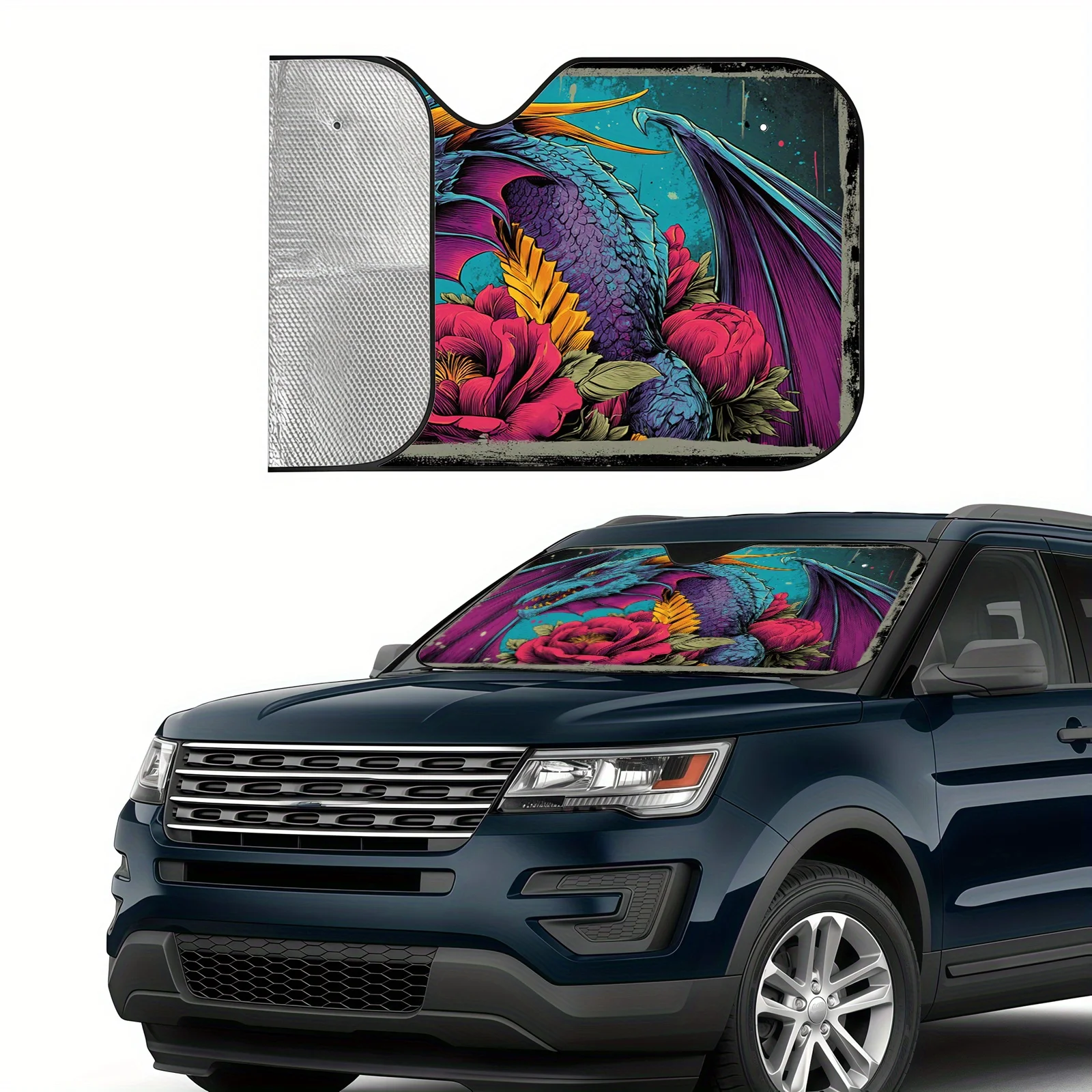 The Blue-Purple Pterosaur Car Sunshade Features A Romantic Peony Flower Design With A Vintage Artistic Style, Made Of Thick Heat