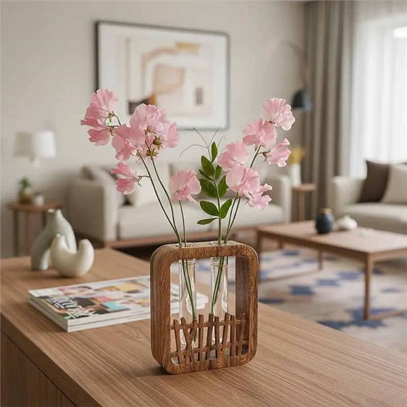 A92P Walnut Wood Boho Plant Stand 2 Glass Test Tube Vase Vases-Terrarium Planter For Hydroponics, Home Office Desk Decor