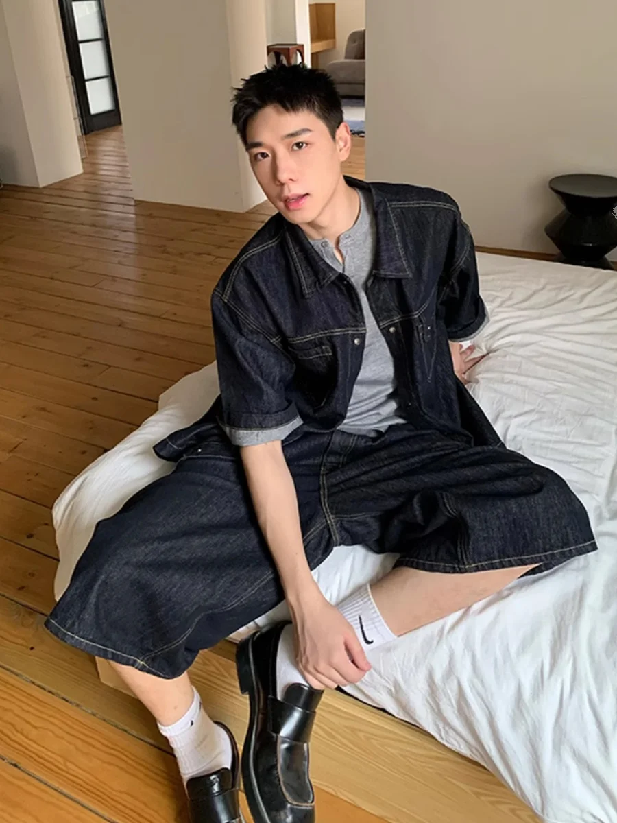 

Ретро-джинсовая рубашка в американском стиле, свободного кроя, повседневная, универсальная, с эффектом высококачественного денима, рубашка-куртка, брюки 7/8 длины