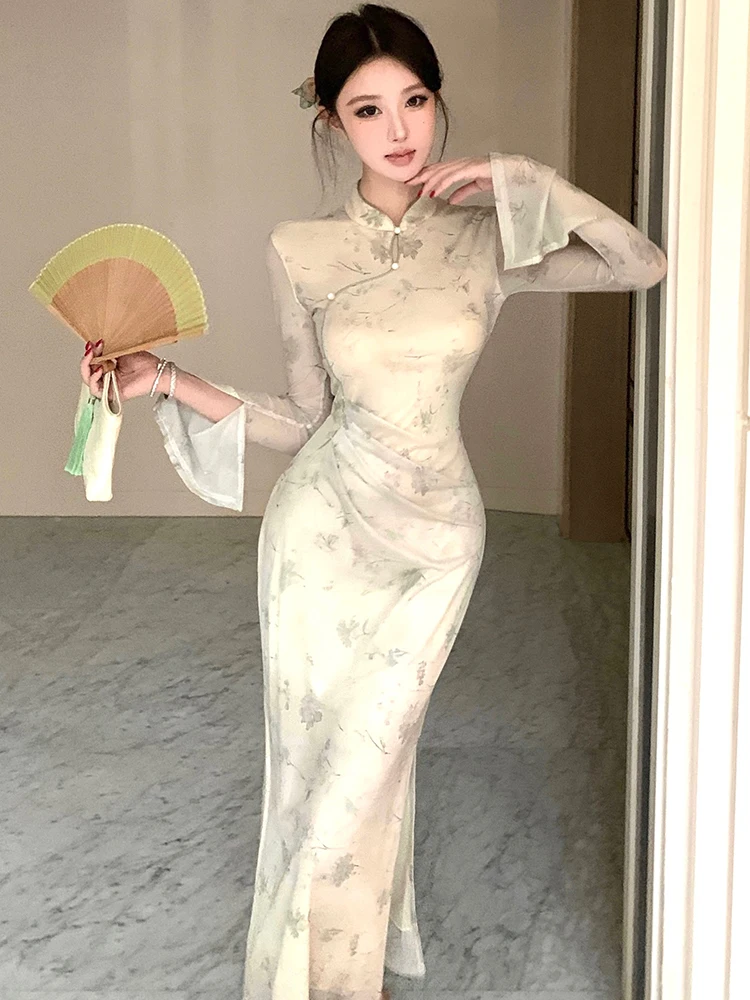 Women Print Mesh Beading Stand Collar Long Dress 2025 Korean Vintage Luxury Evening Dress Autumn Winter Elegant Bodycon Vestidos