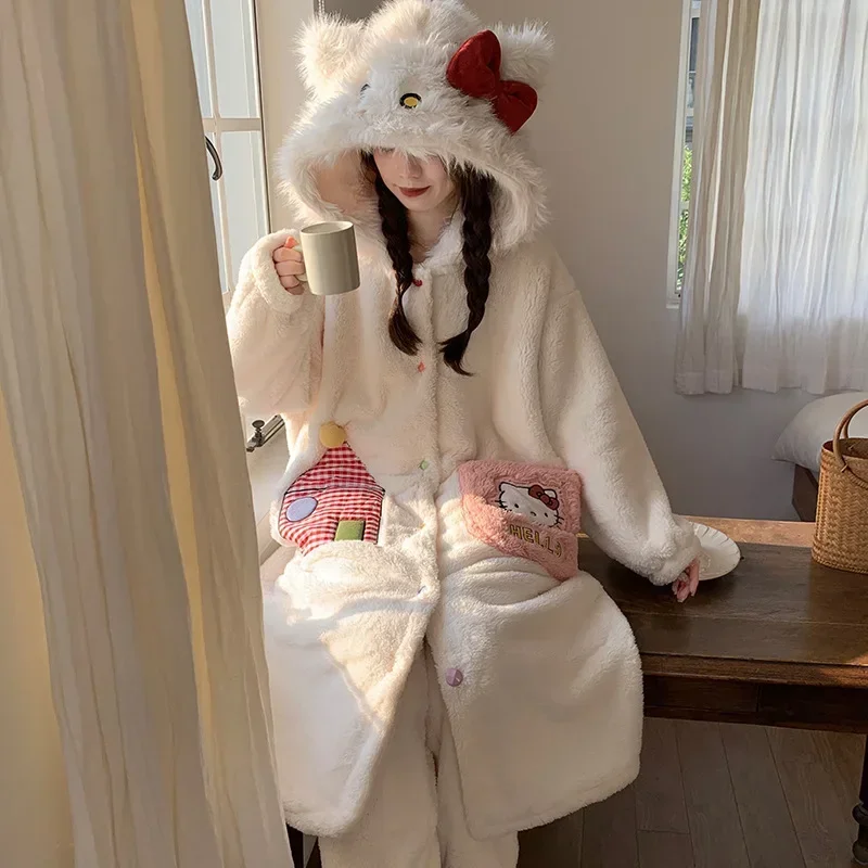 

New Cartoon Sanrio Hello Kitty Hooded Robe Cute Winter Thickened Bathrobe Thick Long-sleeved Pants Leisure Suit Warm Home Wear