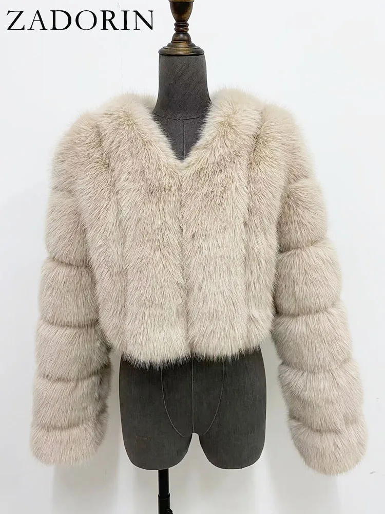 ZADORIN 2024 inverno lusso ritagliato bianco Faux pelliccia di volpe cappotto donna scollo a V manica lunga soffice caldo giacca di pelliccia sintetica donna cappotti di pelliccia