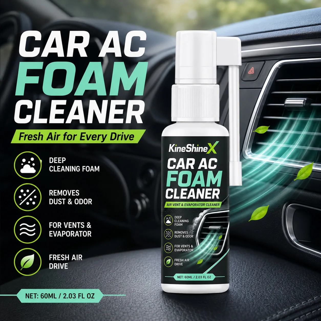 60MLCar air conditioner foam cleaning spray, air outlet deodorant, interior dust and odor remover, applicable to various models