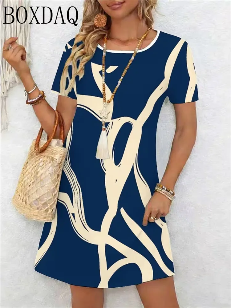 New Summer Women's Dresses Casual Short Sleeved Round Neck Abstract Pattern Printed Loose Dress