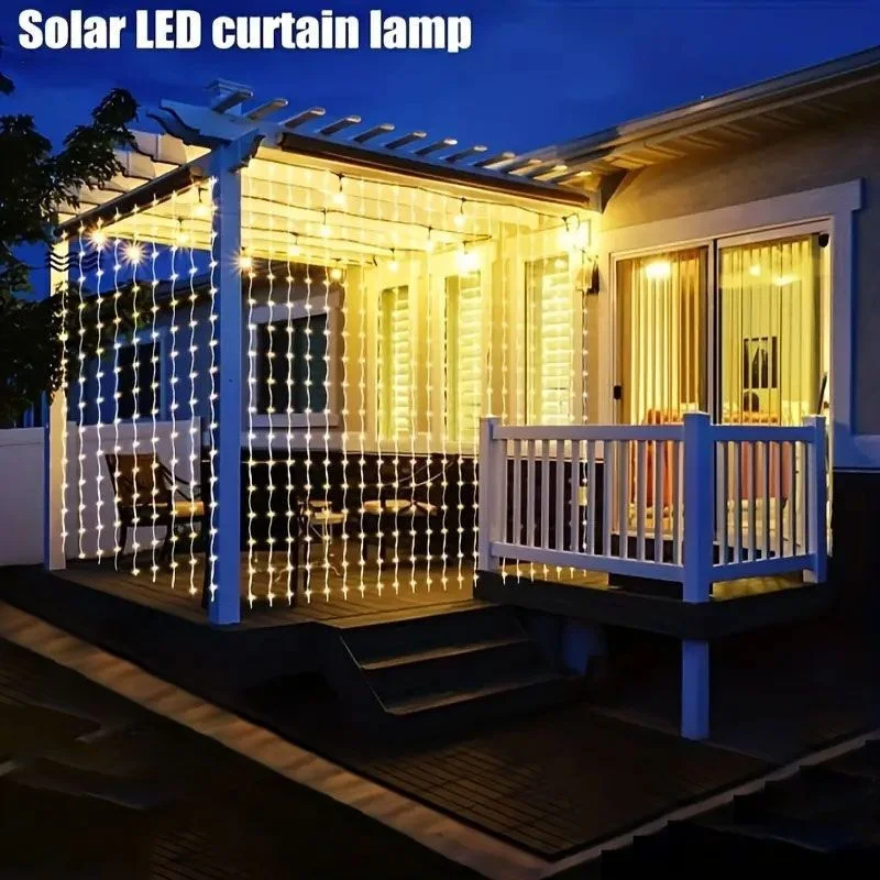 LED Solar Curtain Lights 8 Modes Lighting Decor Garden Patio Pavilion Backyard Park Christmas String Light Outdoor Holiday Light