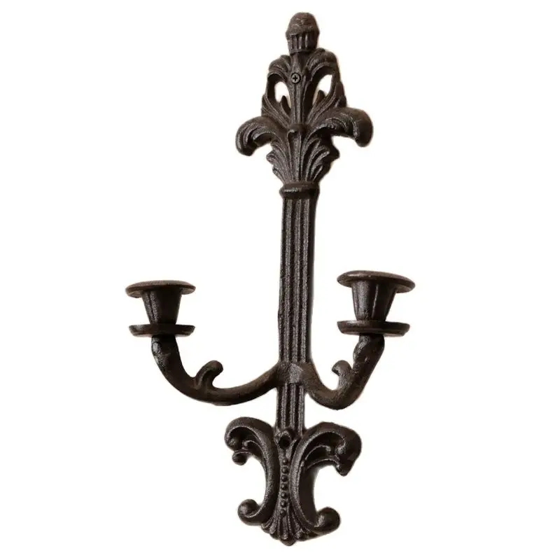 

European Style Retro Wall Candle Holders Cast Iron 2 Arm Candlestick Metal Courtyard Bougeoir Candles Home Decoration Gift FC309