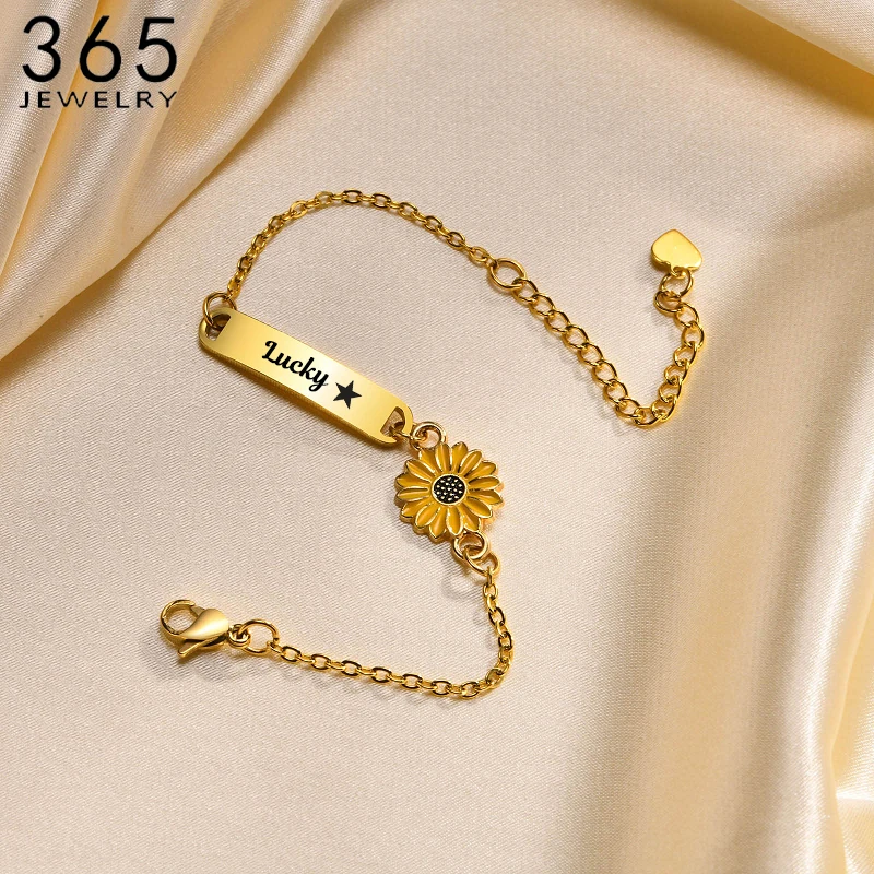 

365 Custom Name Sunflower Bracelet Stainless Steel Jewelry For Women Elegant Engraved Name Bar Bracelet Kids Birthday Gifts