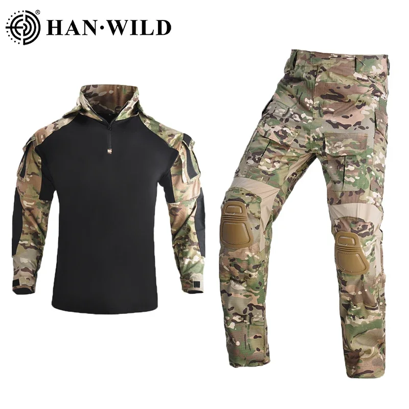 Hiking Airsoft Paintball Work Men Clothing Uniform Tactical Combat Camo Shirts Cargo Knee Pads Pants Suit Hunt Climb Clothes