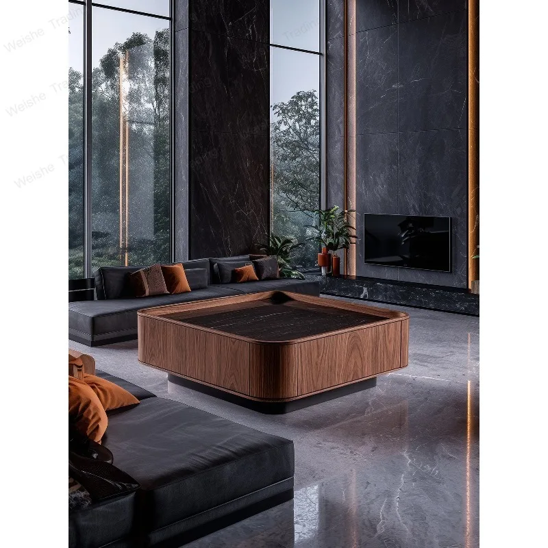 Italian minimalist walnut solid wood coffee table square marble surface with drawer storage, living room square table