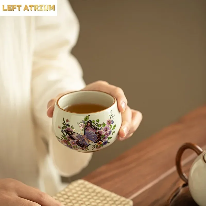2Pcs National  Imitation Song Ru Kiln Butterfly Shadow Teacup Master Cup Large Capacity Tea Tasting Cup Ceramic Kung Fu Tea Set