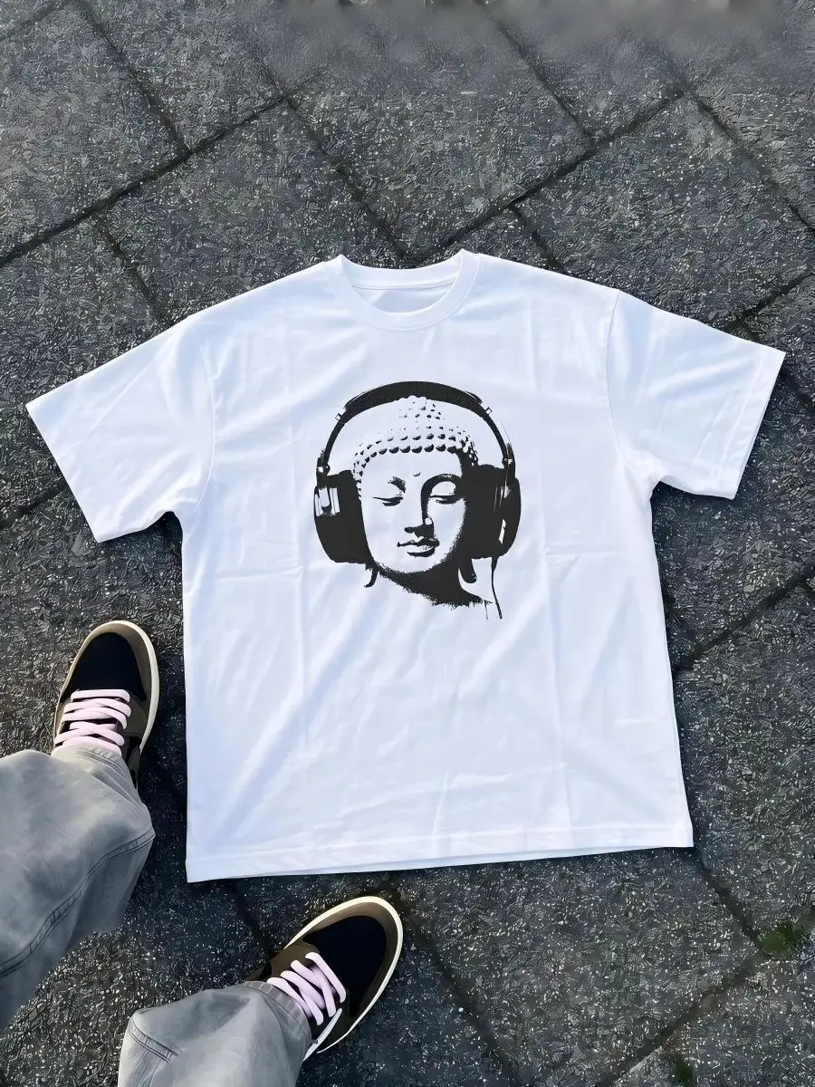 Women Buddha Headphones Graphic T Shirt Music Meditation Print Short Sleeve Crew Neck Casual Streetwear Tee