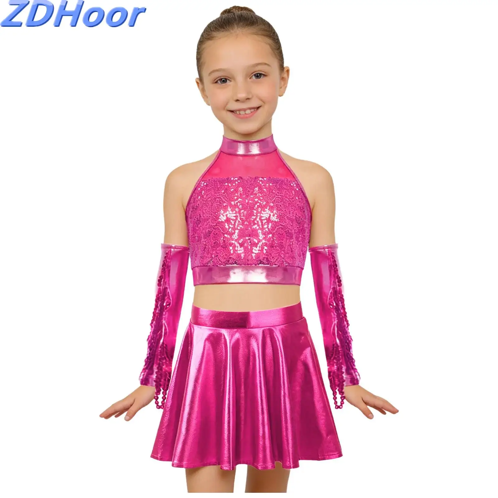 

Kids Girls Metallic Sequined Jazz Dance Outfit Sleeveless Sparkly Sequins Crop Top with Flared Skirt And Tassels Gloves