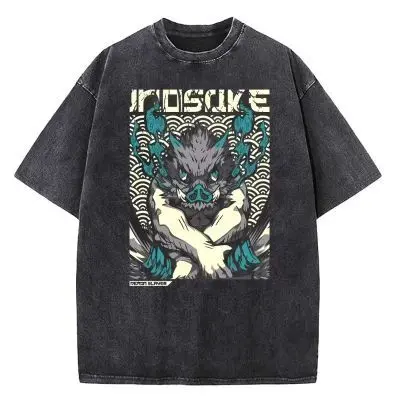 Heavy Anime Demon Slayer Blade Washed T-shirt for Men and Women, Retro Short Sleeve, Summer New Casual Top