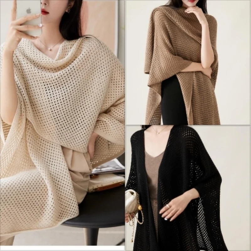 

Cape Shawl Women Solid Color Wool Knitted Cardigan Hollowed Out Sunscreen Air Conditioned Shirt