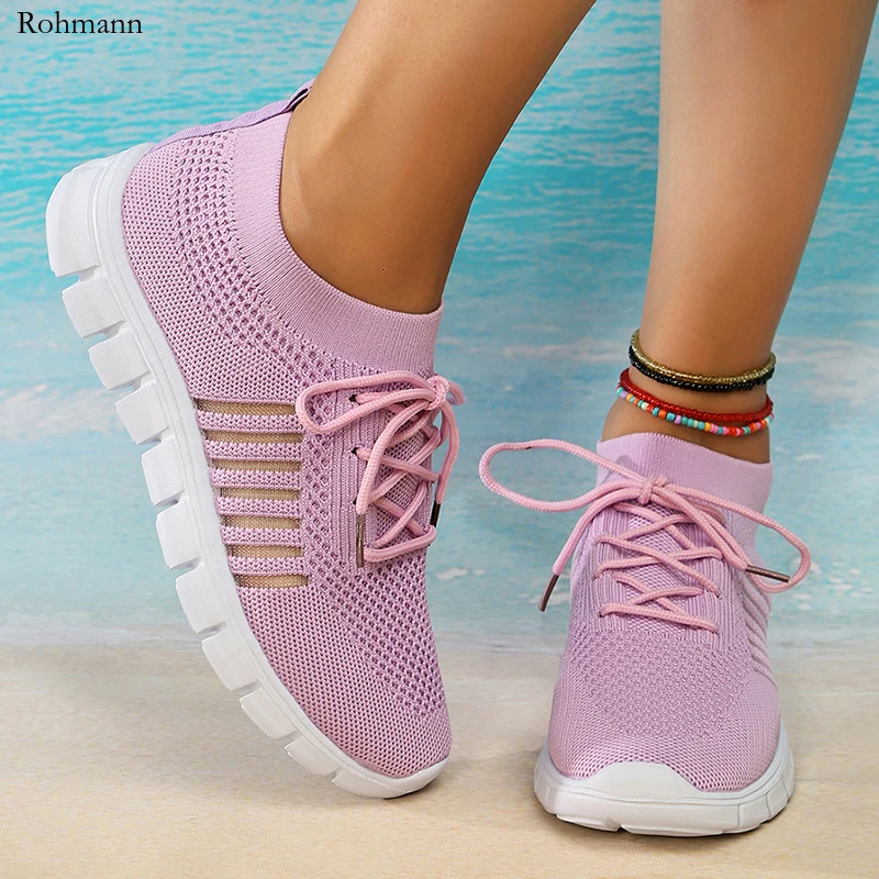 

Cut Out Striped Breathable Flats Women Lightweight Non-Slip Soft Sole Woman Casual Lace Running Shoes